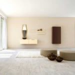 Wall-mounted wooden cabinet and shelves with tall storage unit